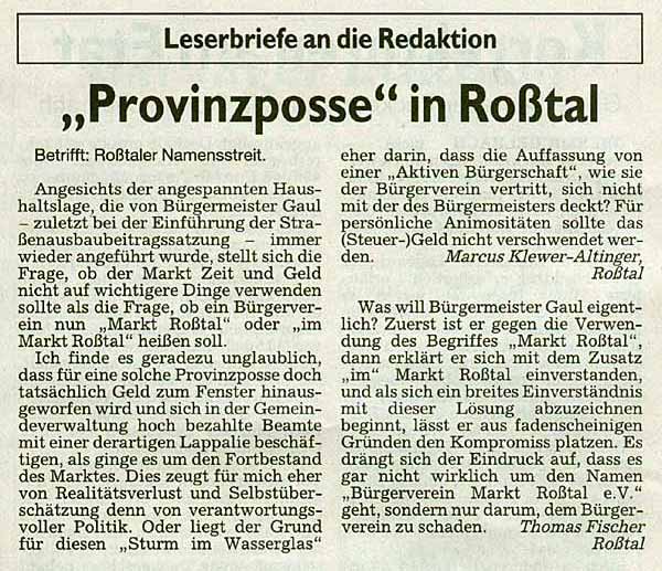 Leserbriefe zum Namensstreit